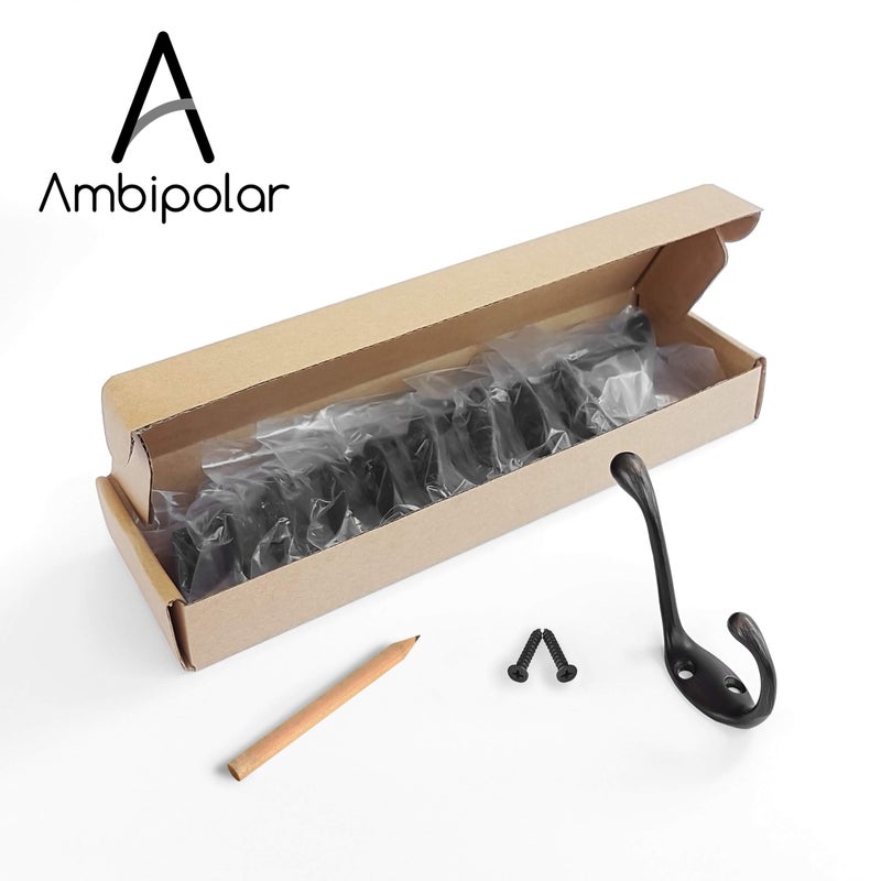 Ambipolar Heavy Duty Metal Decorative Dual Coat Hook Type-2 / Hat Hook - Wall Mounted (0.7" Screws Included), Wall Hook, Double Coat Hanger, 10 Pack (Oil Rubbed Bronze). - Image 2